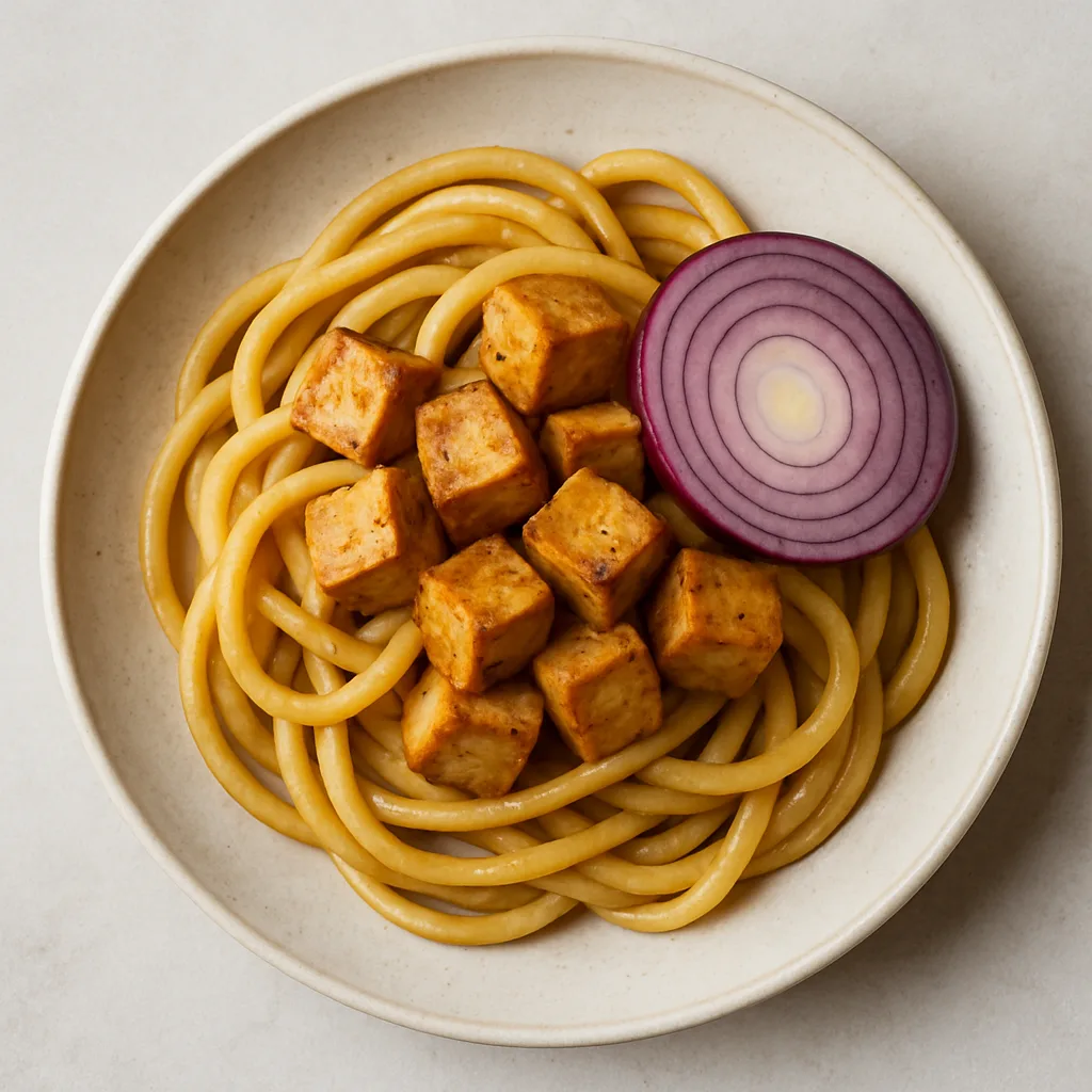 Marinated Tofu Bigoli With And Onion — plant-based or original dish photo