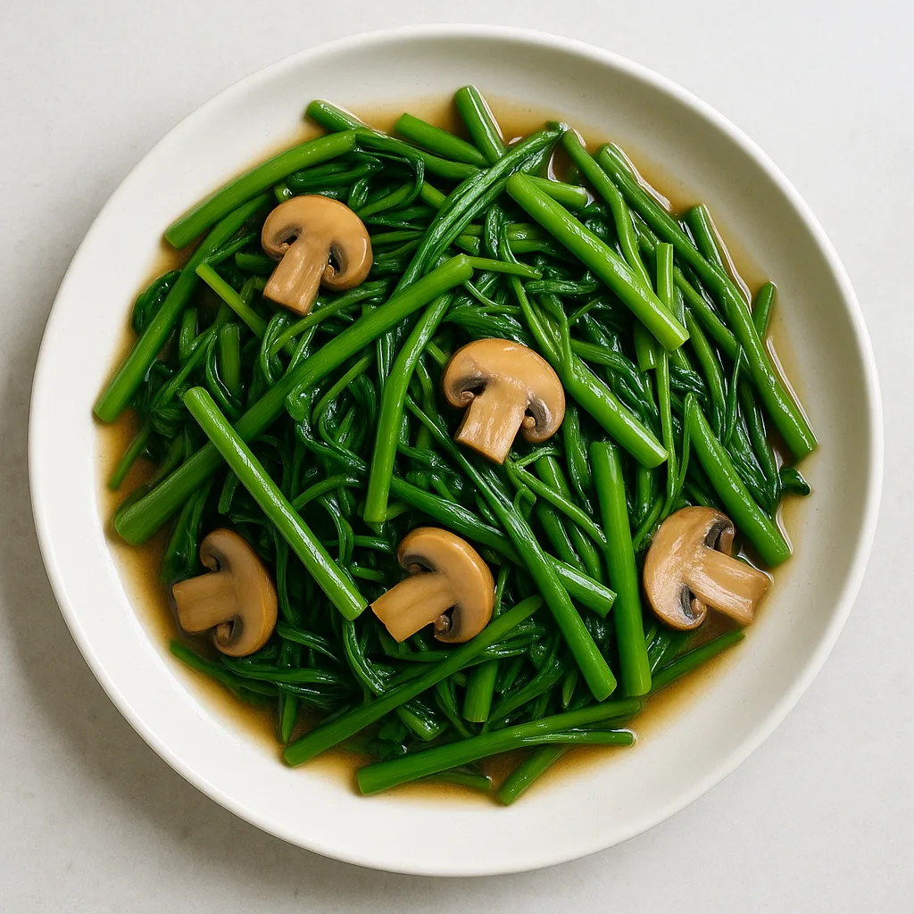 Mushroom Stir Fried Morning Glory — plant-based or original dish photo