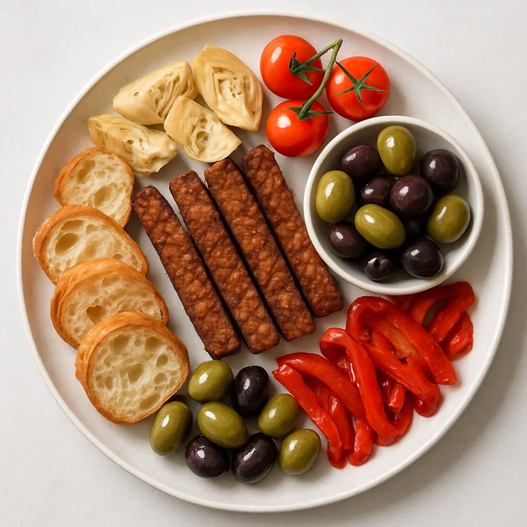 Smoky Tempeh Strips Antipasti Platter — plant-based or original dish photo