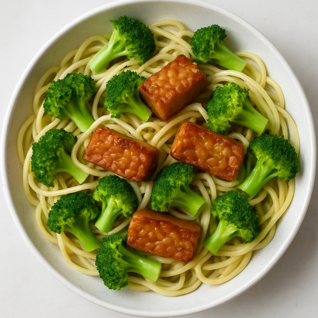 Tempeh With Algae Oil And Broccoli Pasta — plant-based or original dish photo